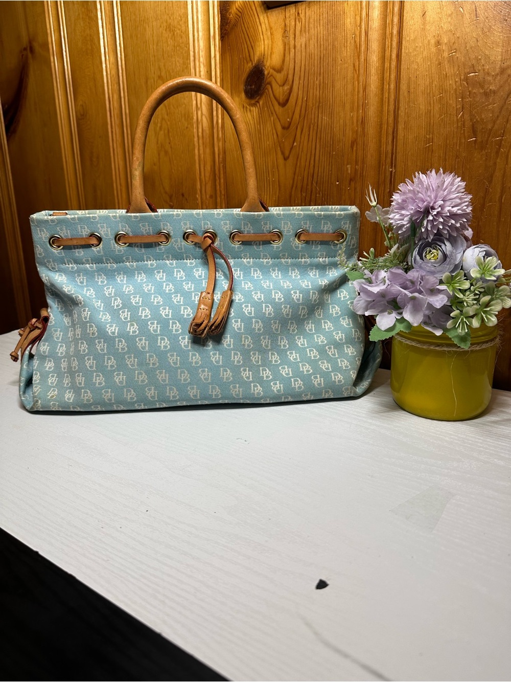 Dooney & Bourke Light Blue Monogram Drawstring Tote with Tan Trim